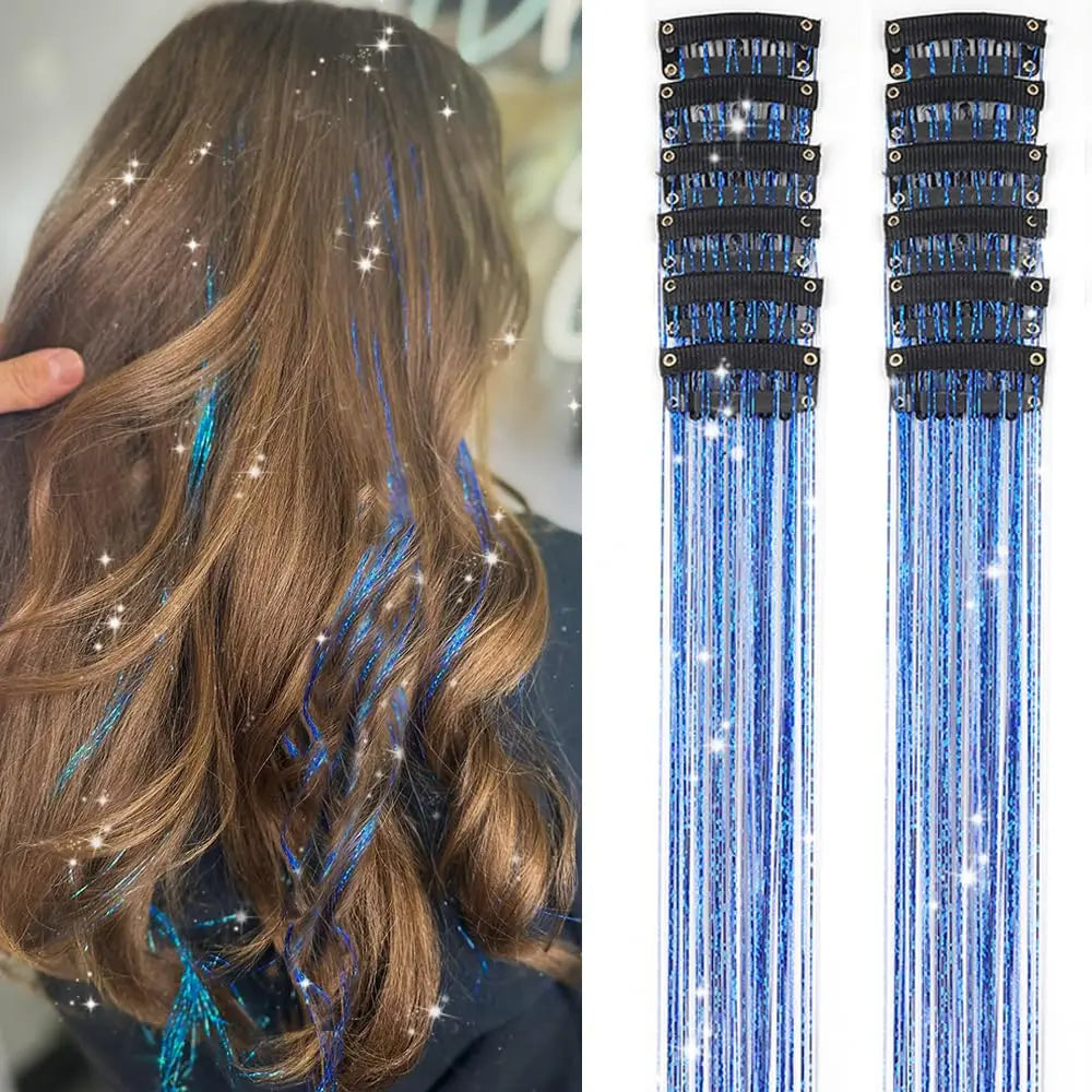 12 Pcs Clip-in Hair Tinsel Pack Colorful Glitter Fairy Hair Extensions Dazzle Party Accessory for Women Girls Kids