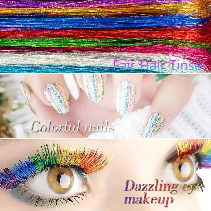 12Colors Shiny Hair Tinsel Strands Kit 34"/48"Synthetic Hair Glitter Extensions For Girls For Christmas New Year Cosplay Party