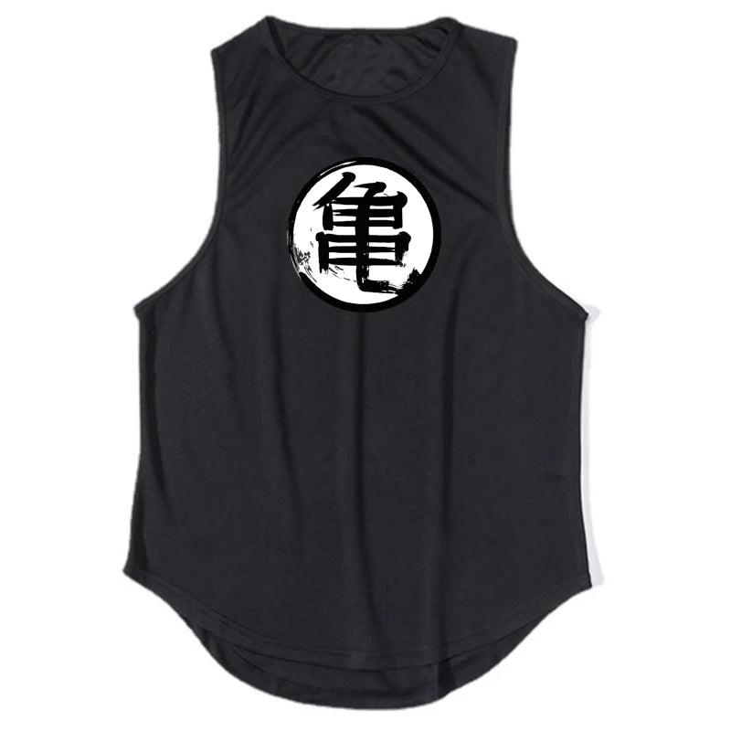Japanese Anime Turtle Script Printed Mens Gym Clothing Fitness Vest Quick Dry Bodybuilding Tank Top Muscle Sleeveless Shirt