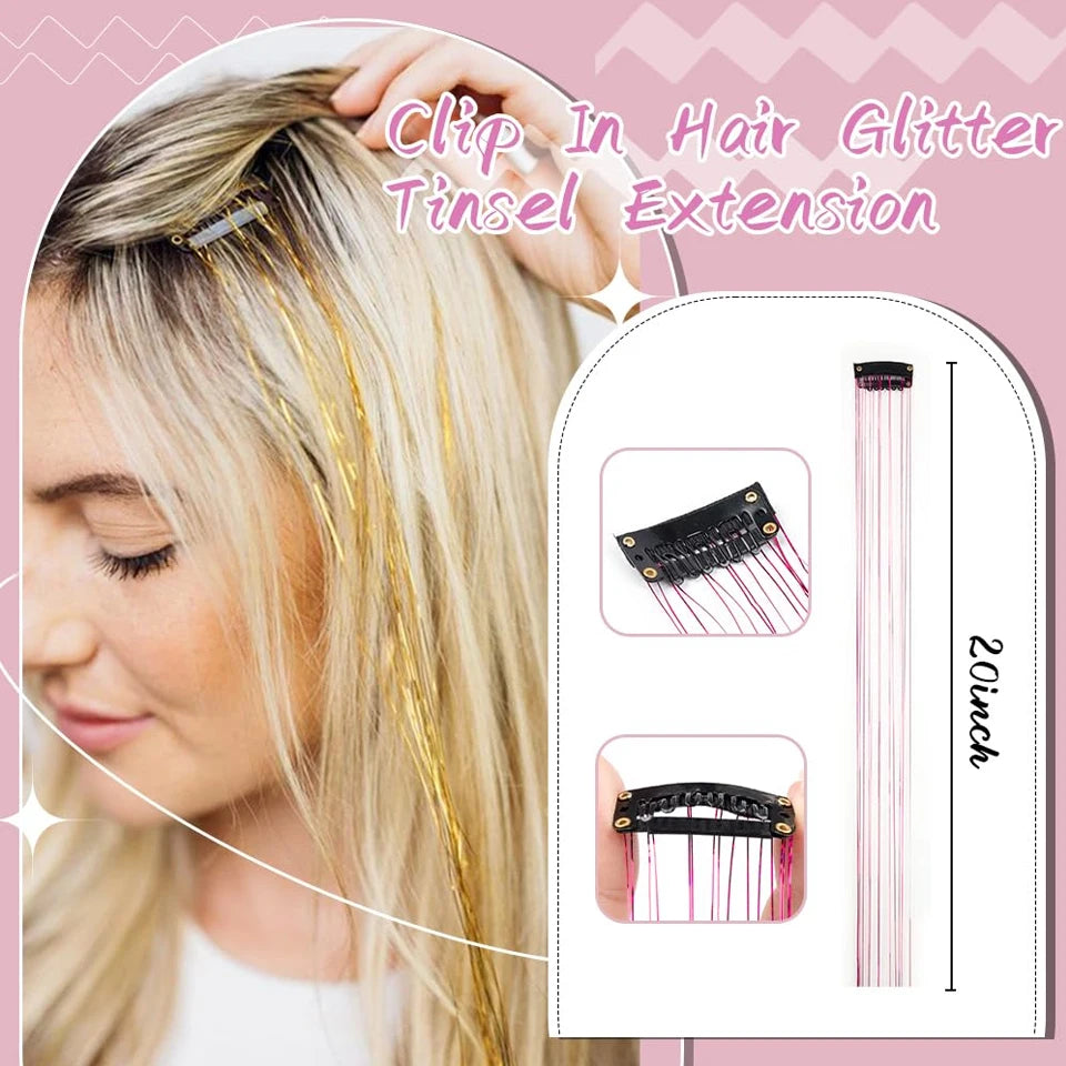 12Pcs Hair Tinsel Clip In Fashion Glitter Tinsel Synthetic Straight Hair Extensions Tinsel Kit Shiny Hair Accessories For Women