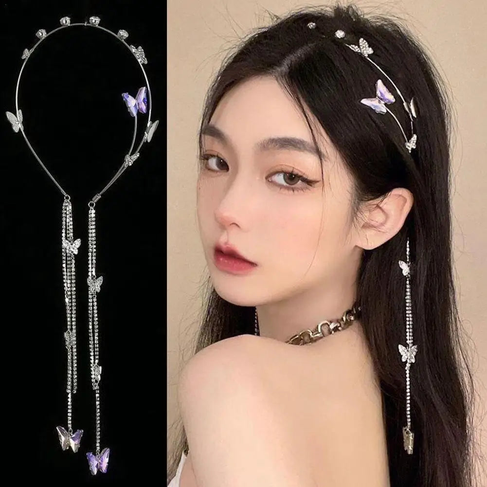 Tassel Butterfly Hair Accessories Crystal Pearl Headband Headdress Butterfly Headband Woman Tiara Hair Hoop For Girl's Headband