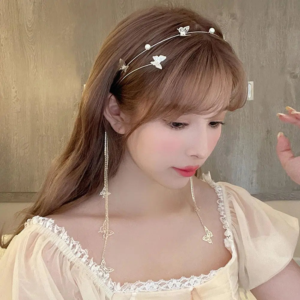 Tassel Butterfly Hair Accessories Crystal Pearl Headband Headdress Butterfly Headband Woman Tiara Hair Hoop For Girl's Headband