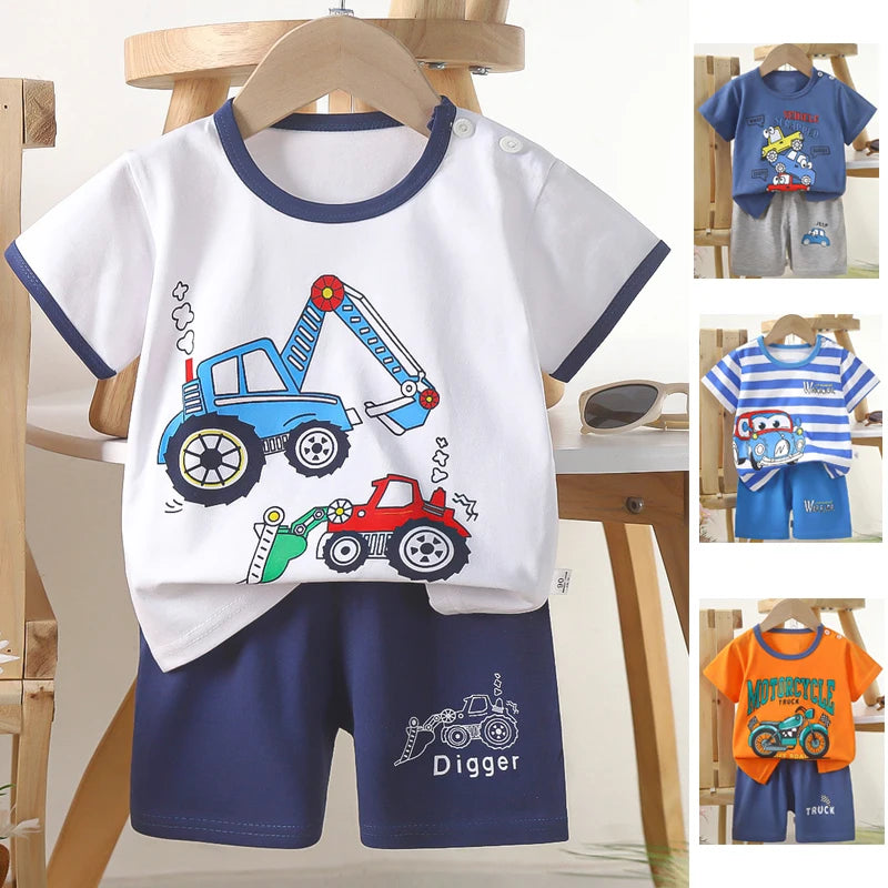 1 Sets Pure Cotton Kids Cartoon Clothing Summer Baby Fashion Short Sleeve Suits Boys Girls T-Shirts+Shorts Children Outfits