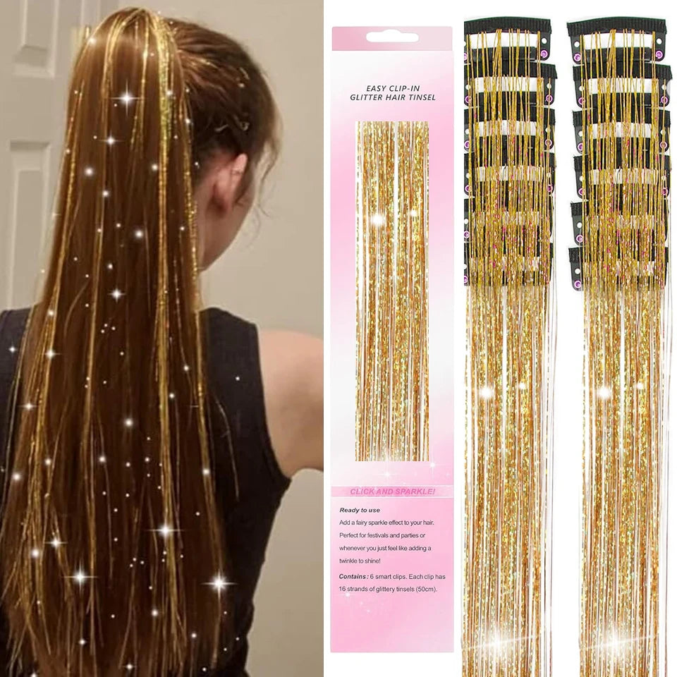 12Pcs Hair Tinsel Clip In Fashion Glitter Tinsel Synthetic Straight Hair Extensions Tinsel Kit Shiny Hair Accessories For Women