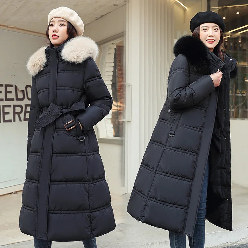 Winter 2025 New Women's Clothing Thickened Long Style Over the Knee Big Fur Collar Hooded Cotton Jacket Down Cotton Jacket Cot