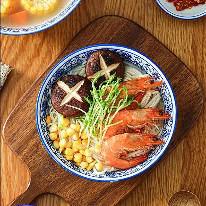 Ceramic Bowl Korean Blue and White Porcelain Tableware Large Noodle Bowl Japanese Retro Soup Bowl Home Kitchen Supplies