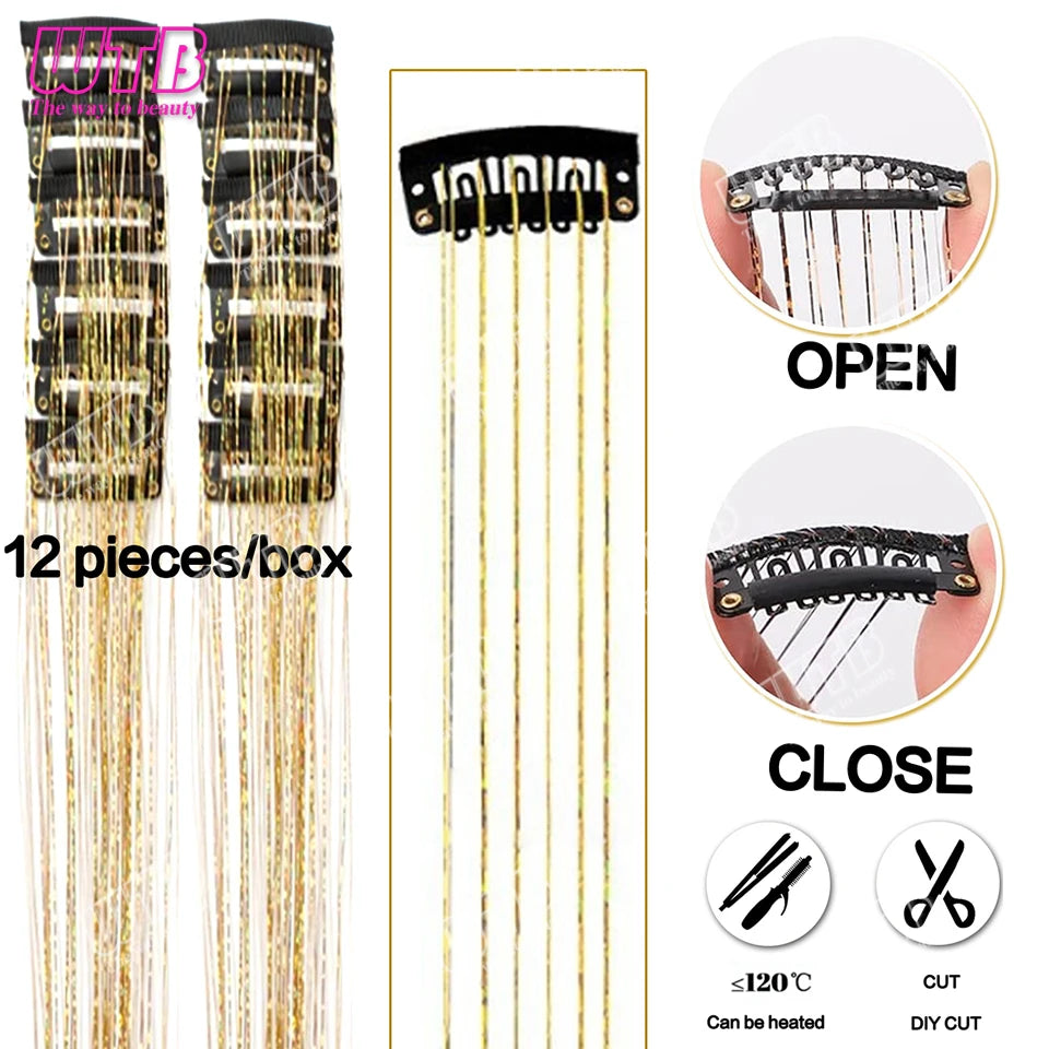 12Pcs 20Inch Glitter Tinsel Synthetic Straight Shining Hair Extensions Clip In Hair Tinsel Kit Sparkle Fairy Hair Accessories