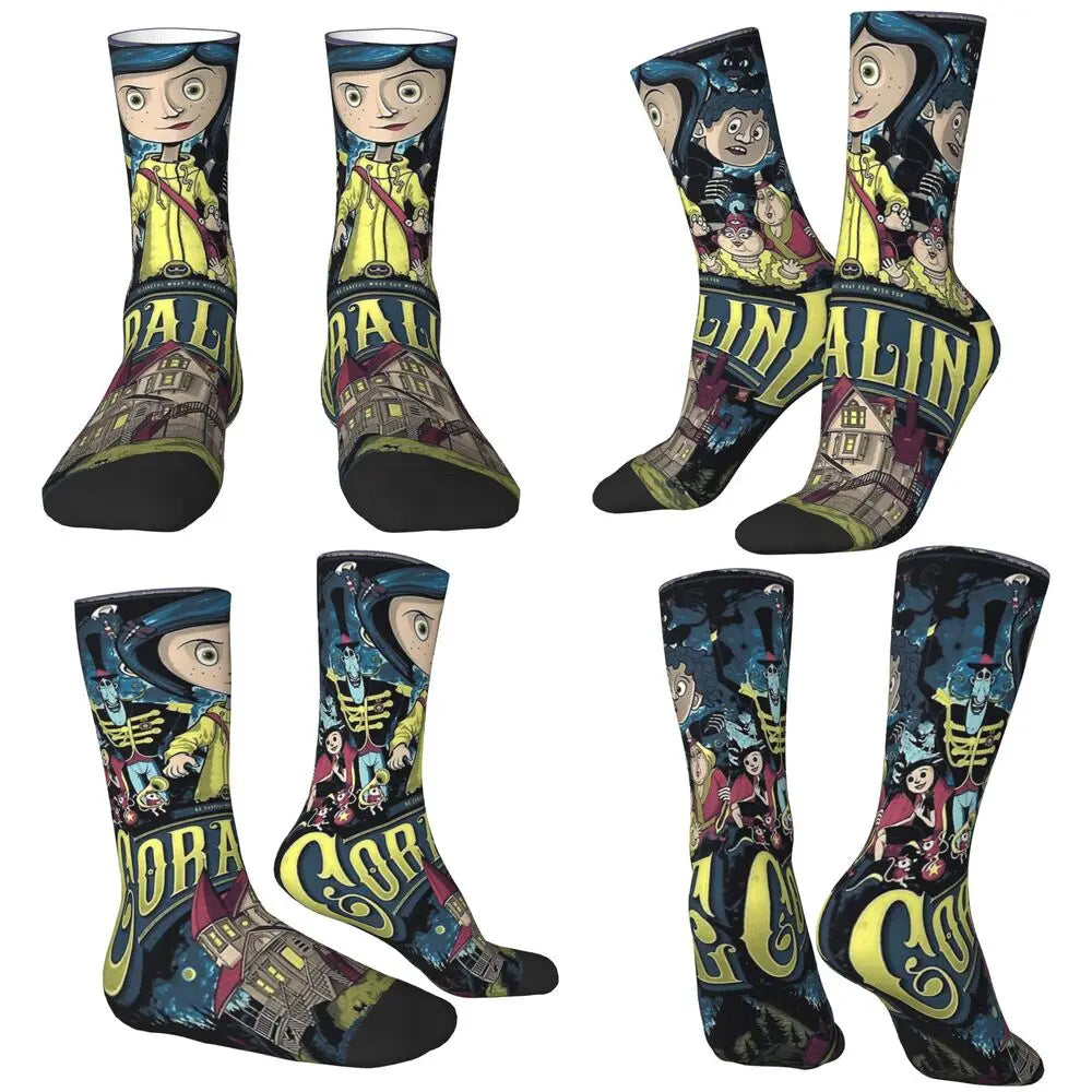 Coraline Horror Movie Stockings Design Funny Socks Autumn Non Skid Socks Couple Running Medium Soft Socks