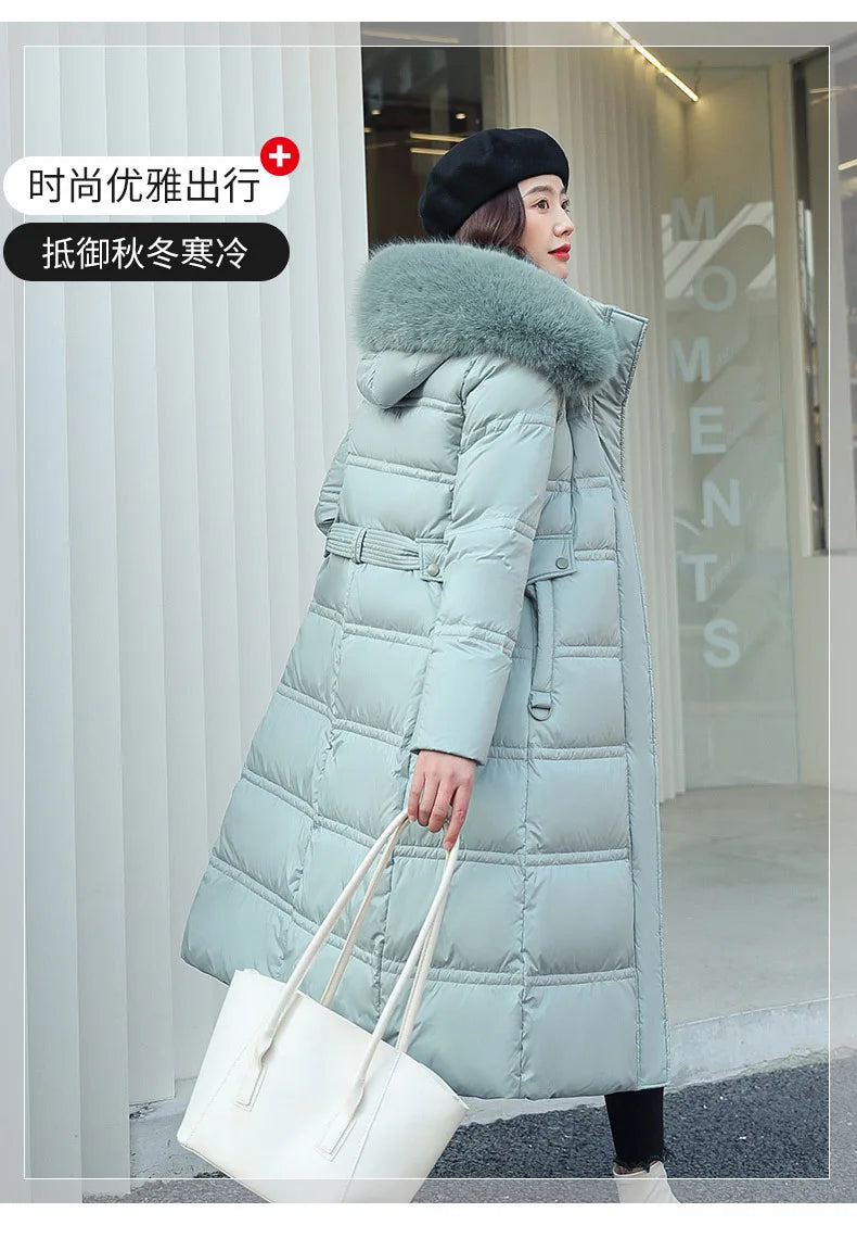 Winter 2025 New Women's Clothing Thickened Long Style Over the Knee Big Fur Collar Hooded Cotton Jacket Down Cotton Jacket Cot