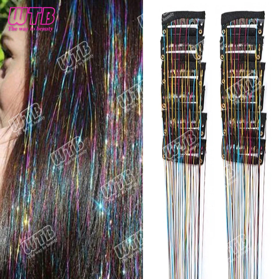 12Pcs 20Inch Glitter Tinsel Synthetic Straight Shining Hair Extensions Clip In Hair Tinsel Kit Sparkle Fairy Hair Accessories