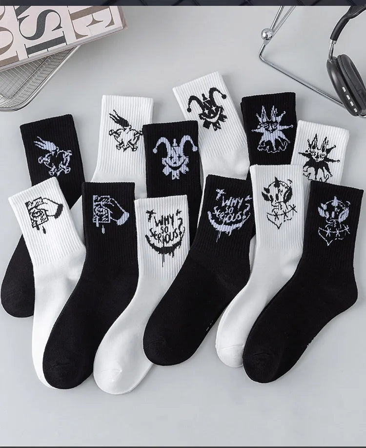Men's graffiti funny socks, oversized socks, clown spray painted black and white socks