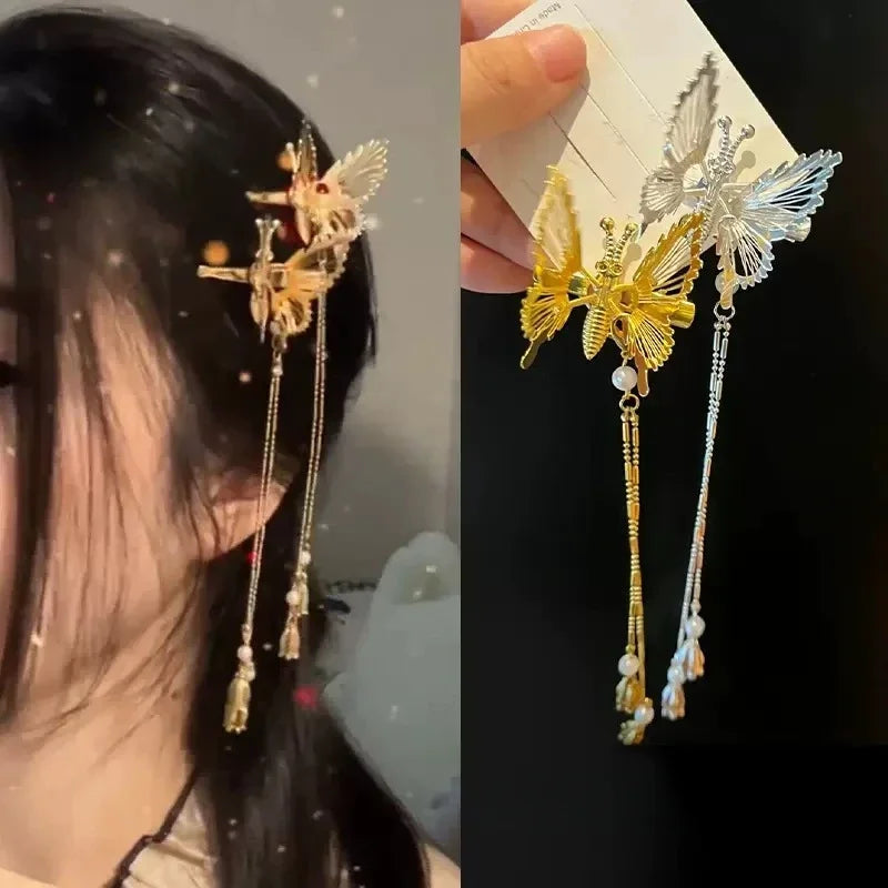 Elegant Butterfly Tassel Hairpin Female Fashion Sweet Moving Flying Hair Clip Butterfly Side Clip Hairpin for Girls Headdress
