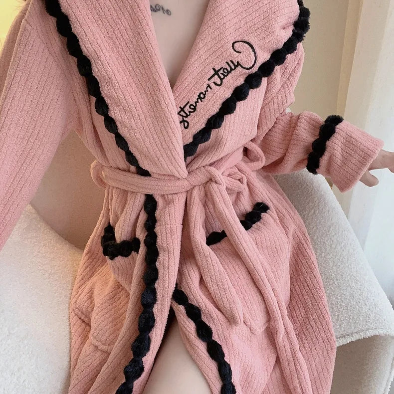 Women's Sexy Robe Coral Fleece Nightgown Female Autumn Winter Thickened Plush Warm Flannel Bathrobe Loose Casual Home Clothing