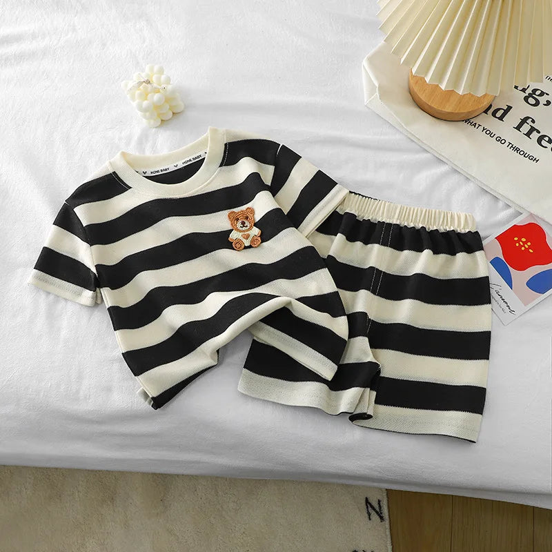 Children's Clothes Short-sleeved Suit Striped Top+shorts 2-piece T-shirt Summer Baby Clothes Children Clothing Boys Girls