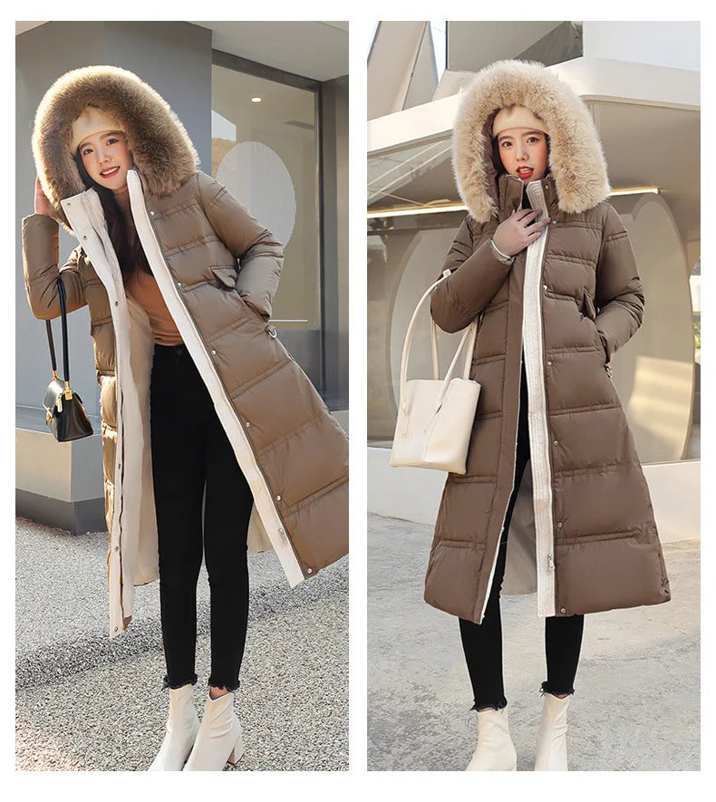 Winter 2025 New Women's Clothing Thickened Long Style Over the Knee Big Fur Collar Hooded Cotton Jacket Down Cotton Jacket Cot