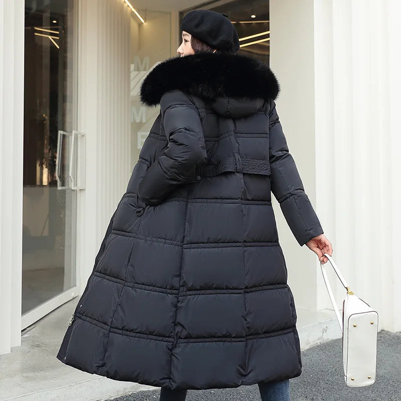 Winter 2025 New Women's Clothing Thickened Long Style Over the Knee Big Fur Collar Hooded Cotton Jacket Down Cotton Jacket Cot