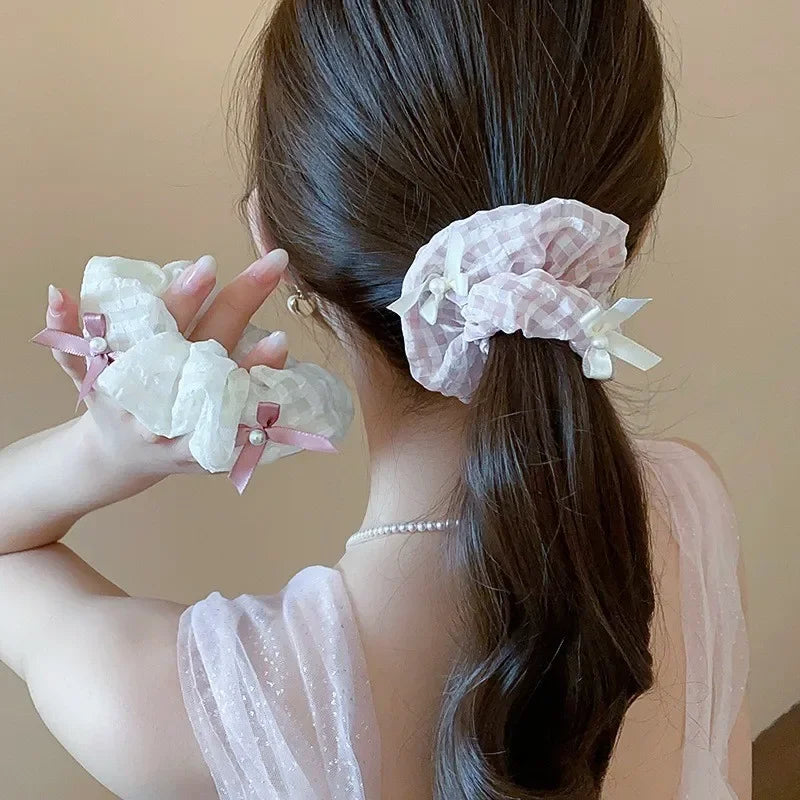 Sweet Satin Checkerboard Bow Hair Tie Women Ponytail Cute Hair Ring Fashion Hair Accessories