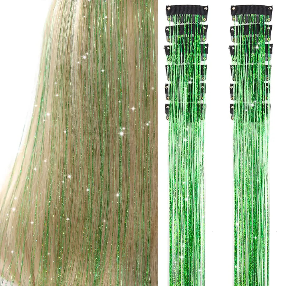 12 Pcs Clip-in Hair Tinsel Pack Colorful Glitter Fairy Hair Extensions Dazzle Party Accessory for Women Girls Kids