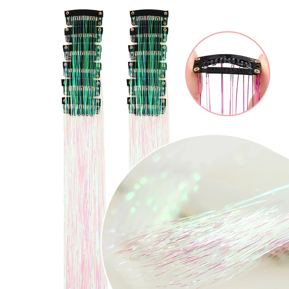 12 Pcs Clip-in Hair Tinsel Pack Colorful Glitter Fairy Hair Extensions Dazzle Party Accessory for Women Girls Kids