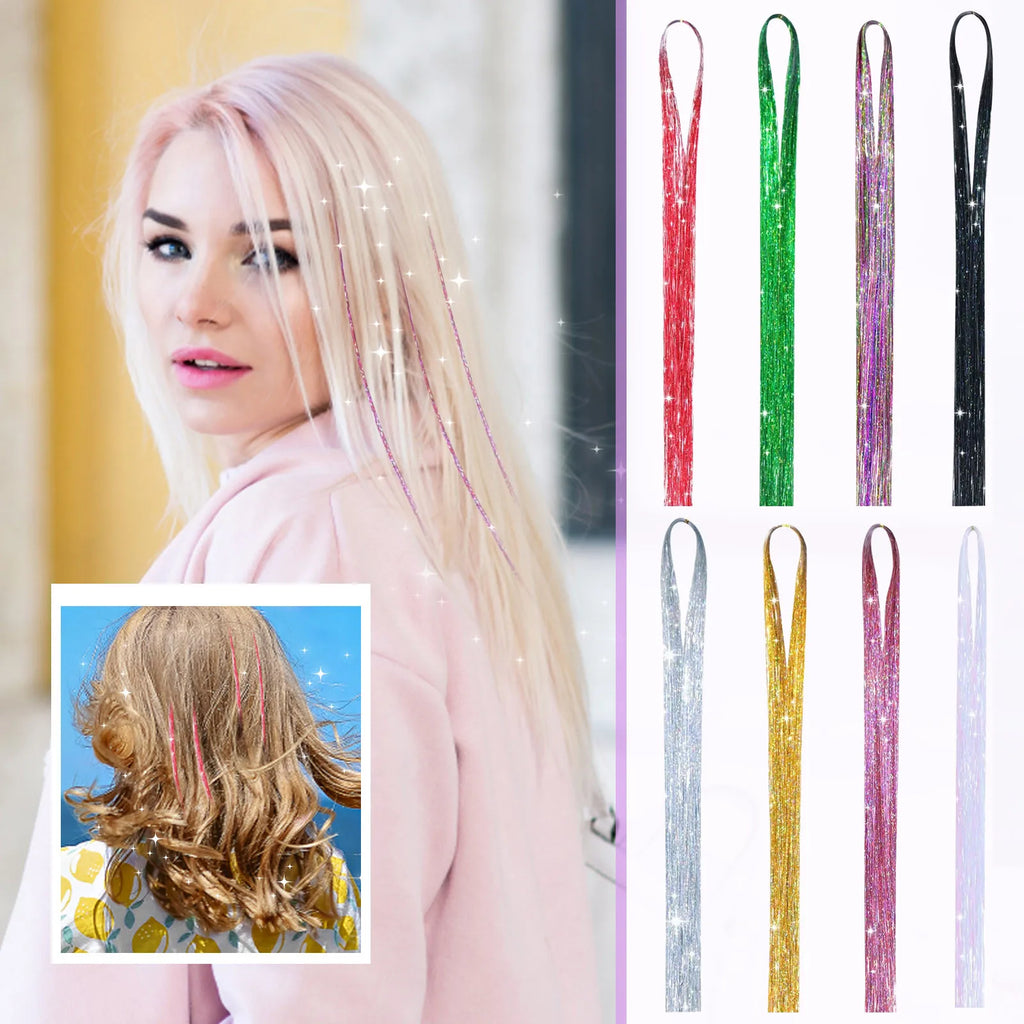 120cm Shiny Sparkle Threads Glitter Hair Tinsel Rainbow Strands Gold Hair Laser False Hair Extensions For Women Girls Styling