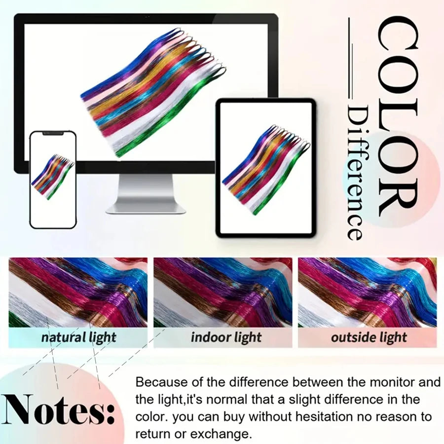 12Colors Shiny Hair Tinsel Strands Kit 34"/48"Synthetic Hair Glitter Extensions For Girls For Christmas New Year Cosplay Party