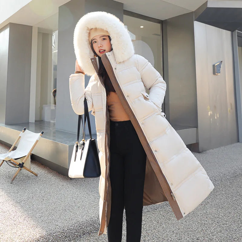 Winter 2025 New Women's Clothing Thickened Long Style Over the Knee Big Fur Collar Hooded Cotton Jacket Down Cotton Jacket Cot