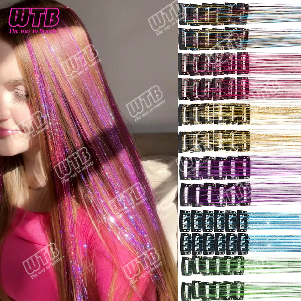12Pcs 20Inch Glitter Tinsel Synthetic Straight Shining Hair Extensions Clip In Hair Tinsel Kit Sparkle Fairy Hair Accessories