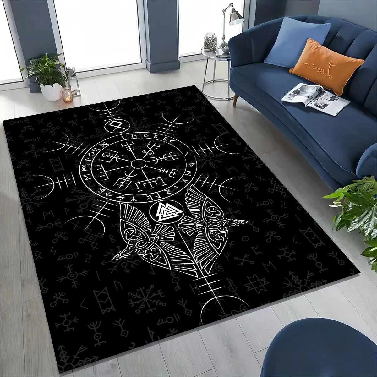 Nordic Viking Warrior Symbol Valhalla Valknut Rune Moto Rug for Bedroom Living Room Sofa Home Doormat Decor,Non-slip Floor Mat
