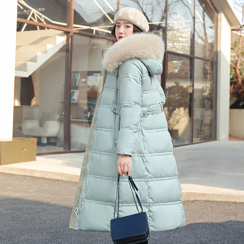 Winter 2025 New Women's Clothing Thickened Long Style Over the Knee Big Fur Collar Hooded Cotton Jacket Down Cotton Jacket Cot