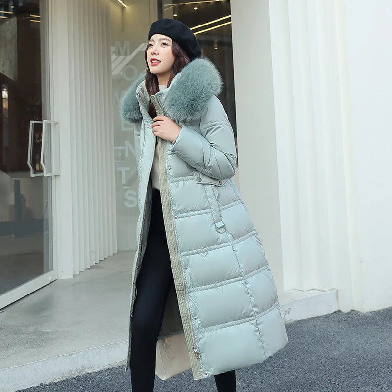 Winter 2025 New Women's Clothing Thickened Long Style Over the Knee Big Fur Collar Hooded Cotton Jacket Down Cotton Jacket Cot