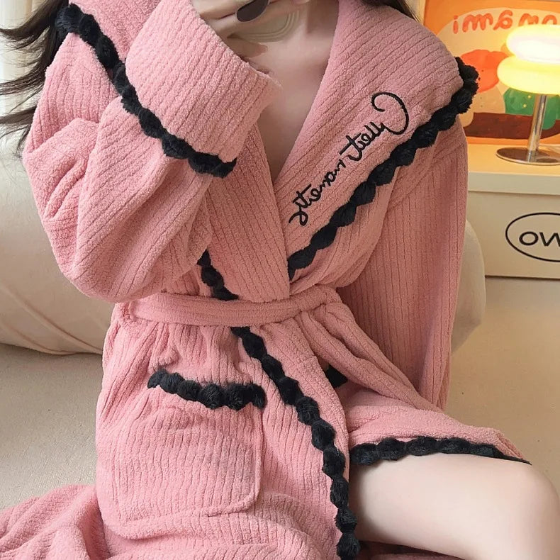 Women's Sexy Robe Coral Fleece Nightgown Female Autumn Winter Thickened Plush Warm Flannel Bathrobe Loose Casual Home Clothing