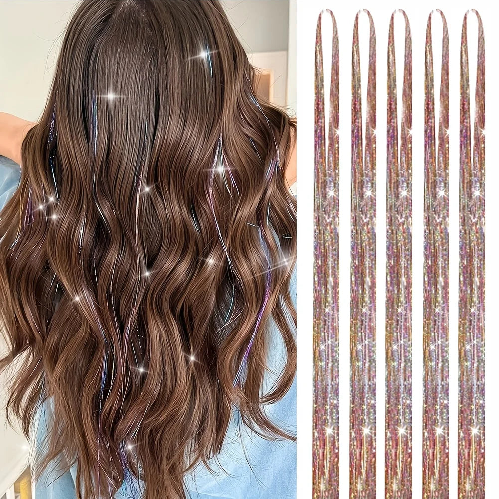 Hair Tinsel (46 Inch, 5pcs) Tinsel Hair Extensions for Girls and women Fairy Tinsel Hair Extensions Holographic  Synthetic Hair