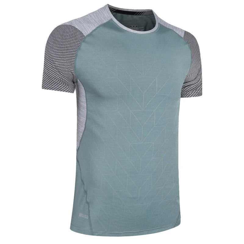 Mens Sport Tee Bodybuilding Gym Running Jogging Short Sleeves Fashion Patchwork Print Breathable Quick Drying Workout Shirts