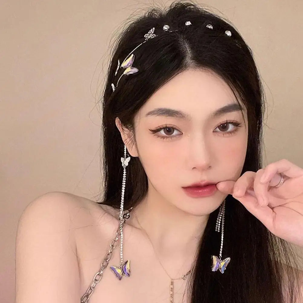 Tassel Butterfly Hair Accessories Crystal Pearl Headband Headdress Butterfly Headband Woman Tiara Hair Hoop For Girl's Headband
