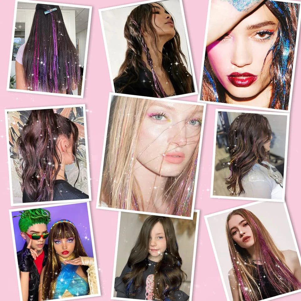 12Pcs Hair Tinsel Clip In Fashion Glitter Tinsel Synthetic Straight Hair Extensions Tinsel Kit Shiny Hair Accessories For Women