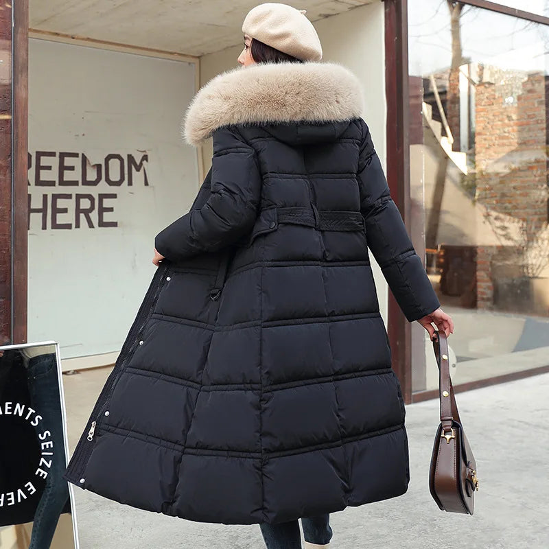 Winter 2025 New Women's Clothing Thickened Long Style Over the Knee Big Fur Collar Hooded Cotton Jacket Down Cotton Jacket Cot