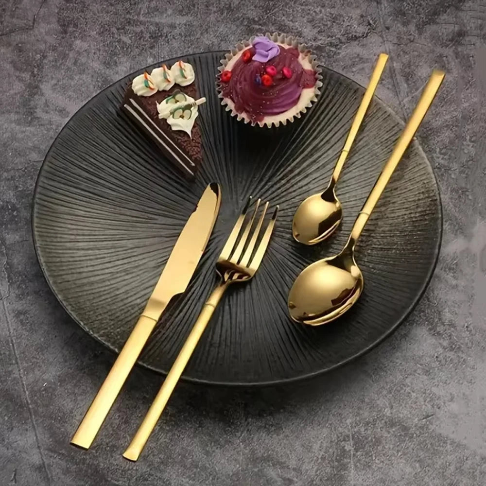 30PCS Gold Tableware Sets Stainless Steel Cutlery Knife Tea Fork Coffee Spoon Flatware Dishwasher Safe Dinner Kitchen Dinnerware