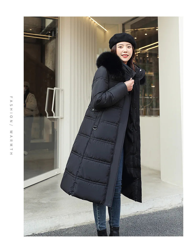 Winter 2025 New Women's Clothing Thickened Long Style Over the Knee Big Fur Collar Hooded Cotton Jacket Down Cotton Jacket Cot