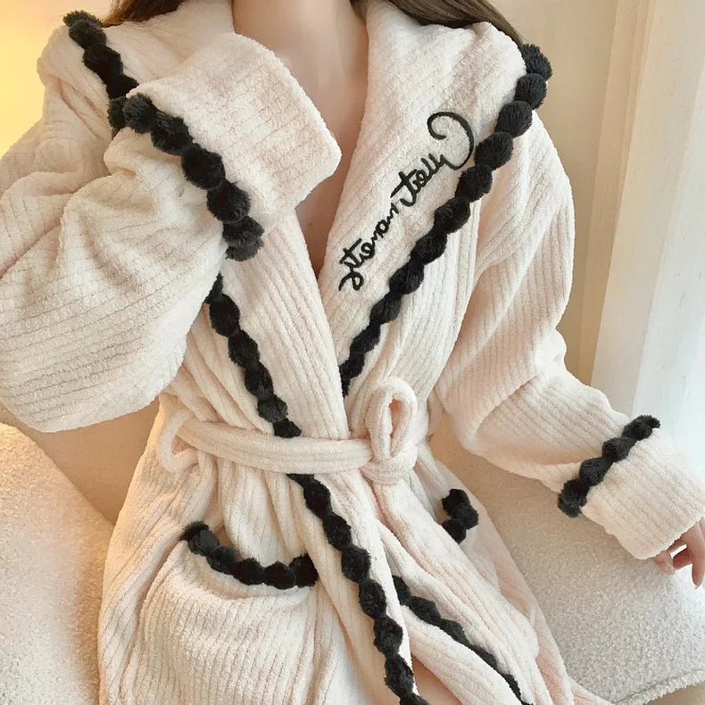 Women's Sexy Robe Coral Fleece Nightgown Female Autumn Winter Thickened Plush Warm Flannel Bathrobe Loose Casual Home Clothing