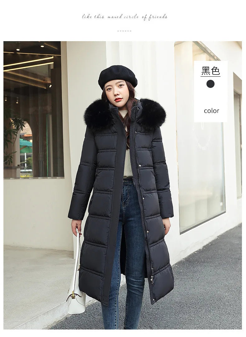 Winter 2025 New Women's Clothing Thickened Long Style Over the Knee Big Fur Collar Hooded Cotton Jacket Down Cotton Jacket Cot