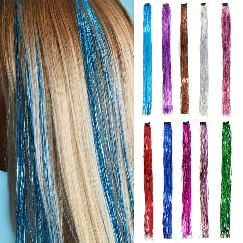 Clip In Hair Tinsel, Fairy Hair Tinsel Kit 22 Inches Glitter Colorful Clip On Tinsel Hair Extensions for Girls Hair Accessories