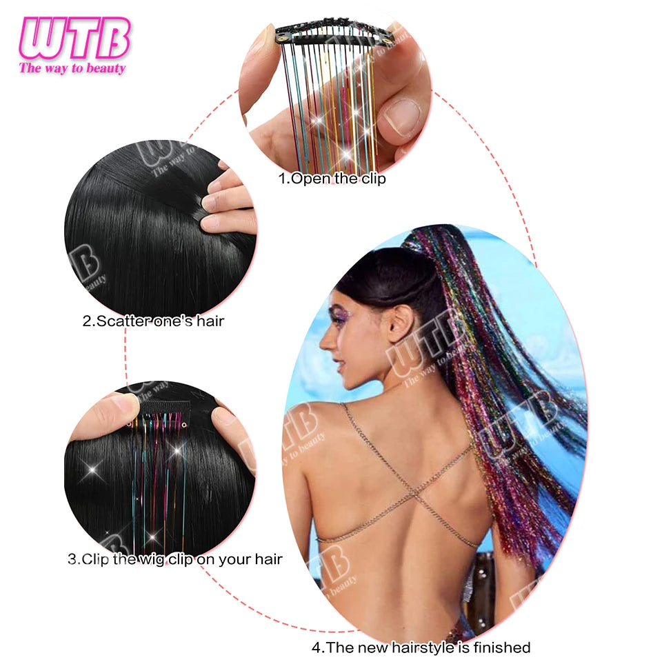 12Pcs 20Inch Glitter Tinsel Synthetic Straight Shining Hair Extensions Clip In Hair Tinsel Kit Sparkle Fairy Hair Accessories