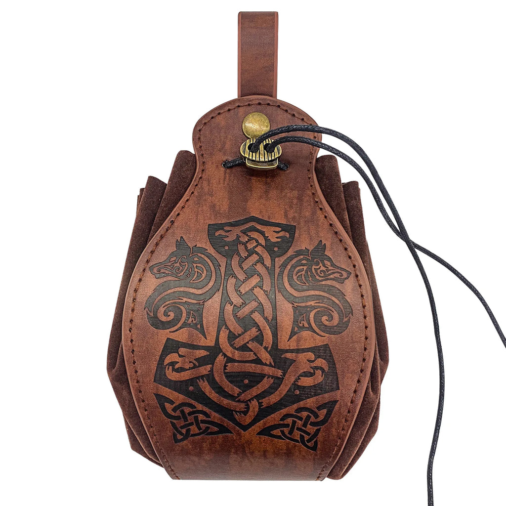 Vikings Rune Pouch String Coins Drawstring Bag Costume Vintage Halloween Accessory Leather Suede Medieval Loop Belt Kit Adult
