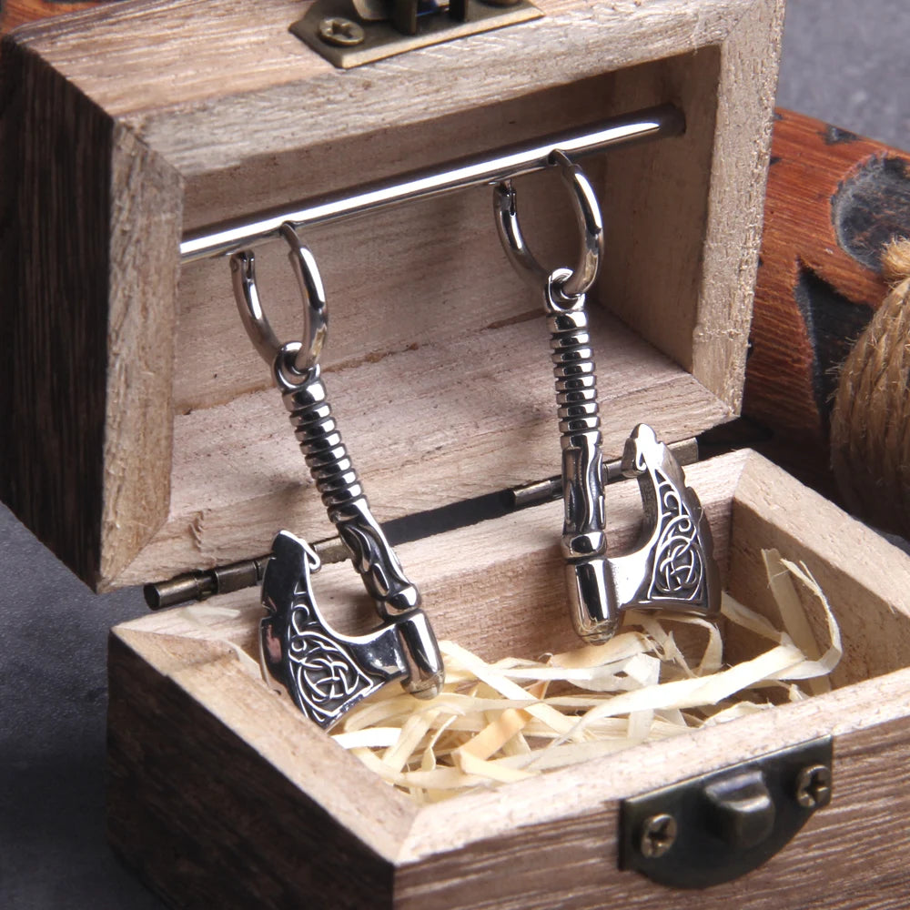 Vikings Jewelry Hip Hop Punk Viking Axe Drop Earrings Fashion Celtic Knot Rune Amulet Earrings Rock Biker Boys Stainless Steel