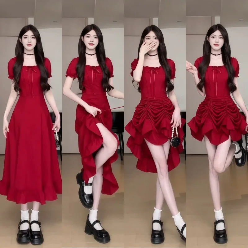 Women's Fashion 1 Dress Four Wear Method Lady Graceful Retro Square Collar Short Sleeve Black Dresses 2025 New Dinner Party Gown