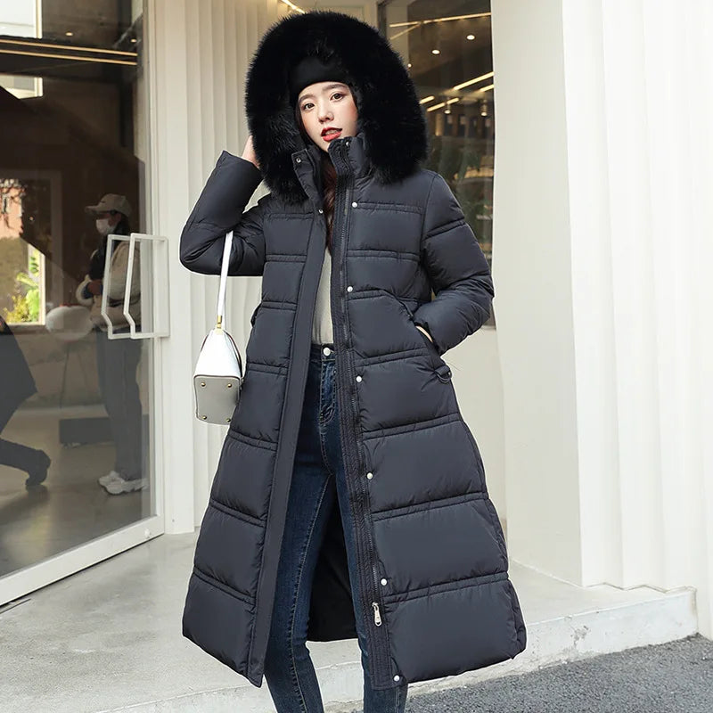 Winter 2025 New Women's Clothing Thickened Long Style Over the Knee Big Fur Collar Hooded Cotton Jacket Down Cotton Jacket Cot