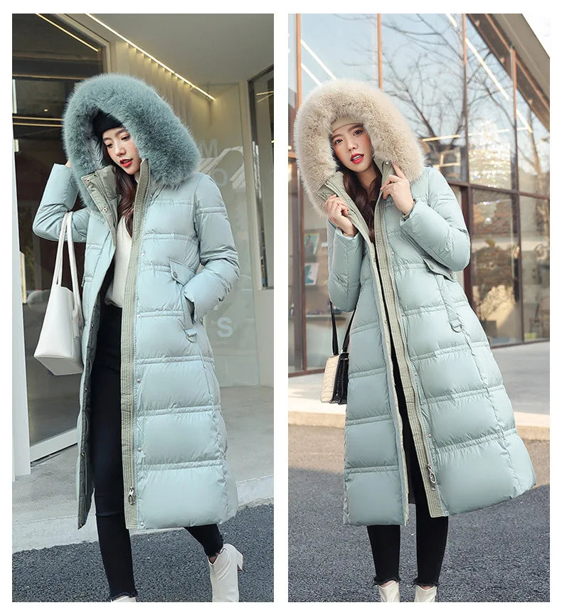 Winter 2025 New Women's Clothing Thickened Long Style Over the Knee Big Fur Collar Hooded Cotton Jacket Down Cotton Jacket Cot