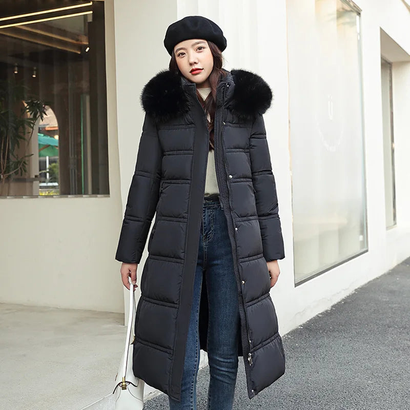 Winter 2025 New Women's Clothing Thickened Long Style Over the Knee Big Fur Collar Hooded Cotton Jacket Down Cotton Jacket Cot