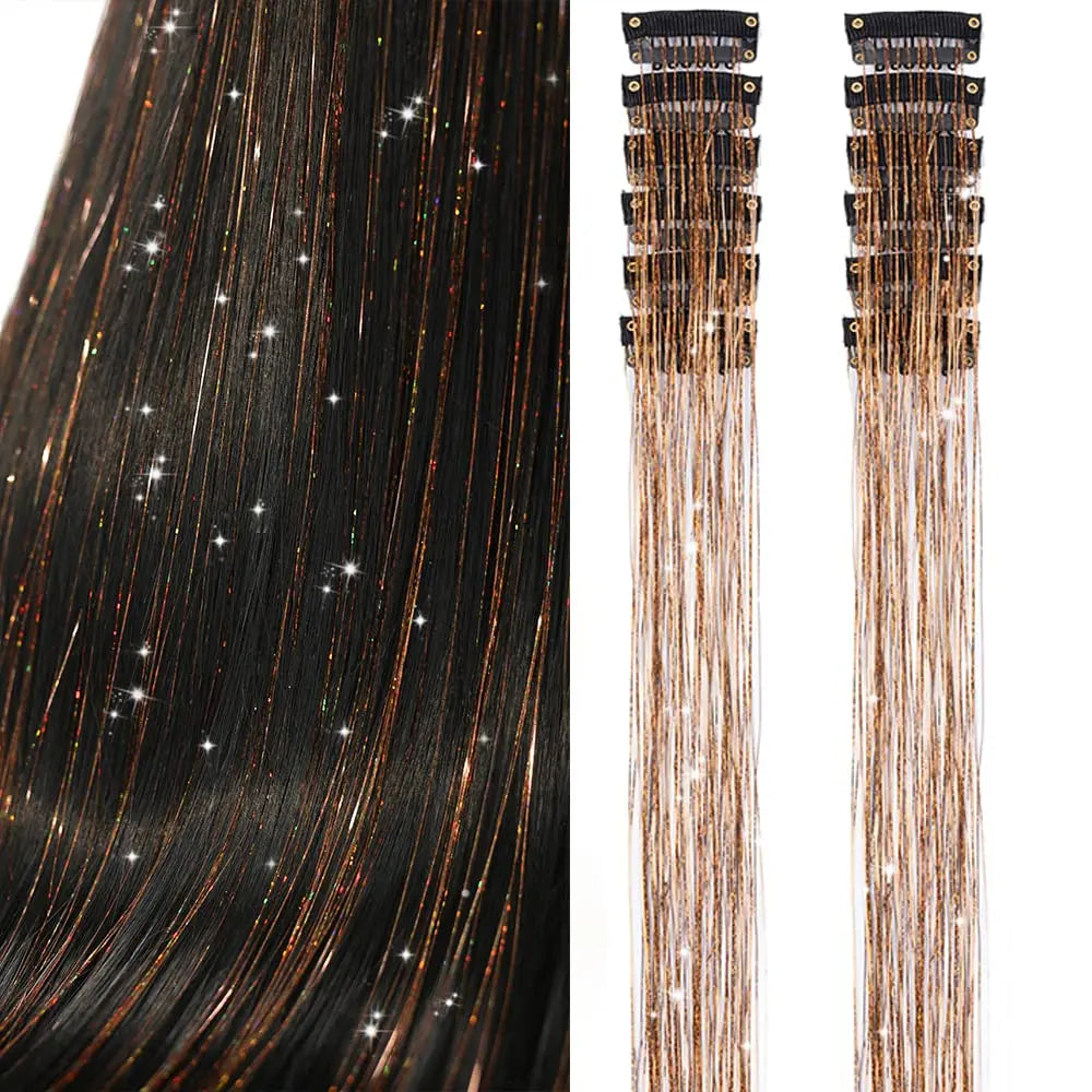 12 Pcs Clip-in Hair Tinsel Pack Colorful Glitter Fairy Hair Extensions Dazzle Party Accessory for Women Girls Kids