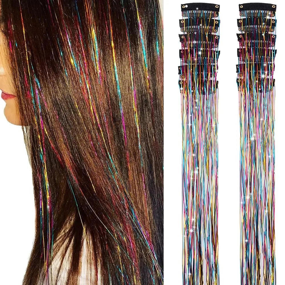 12 Pcs Clip-in Hair Tinsel Pack Colorful Glitter Fairy Hair Extensions Dazzle Party Accessory for Women Girls Kids